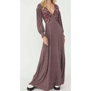 Free People Love  Story Maxi Dress in Rasin Combo Purple Size Medium NWT